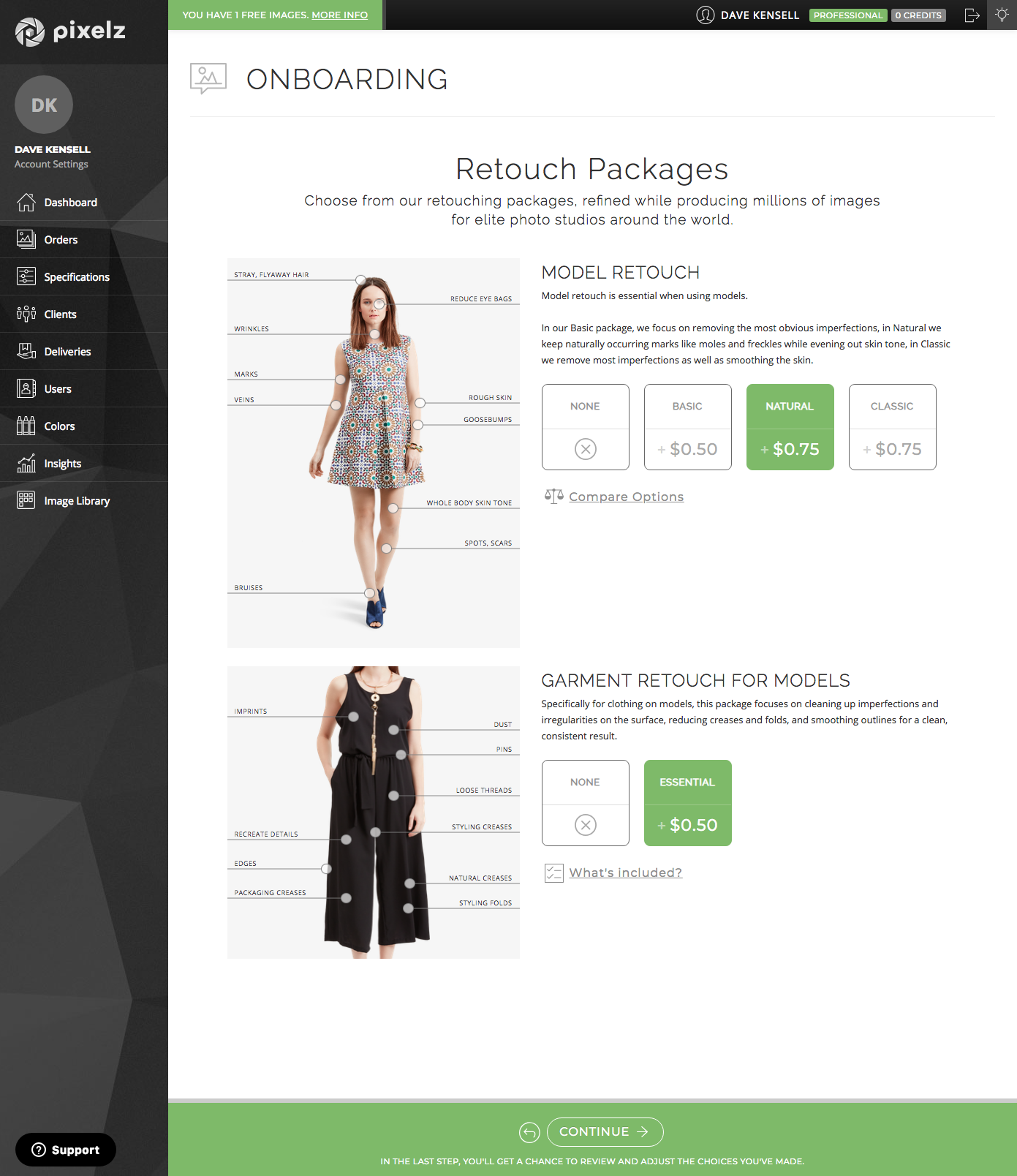 Selections are accompanied by detailed illustrations Model retouching and garment retouching options